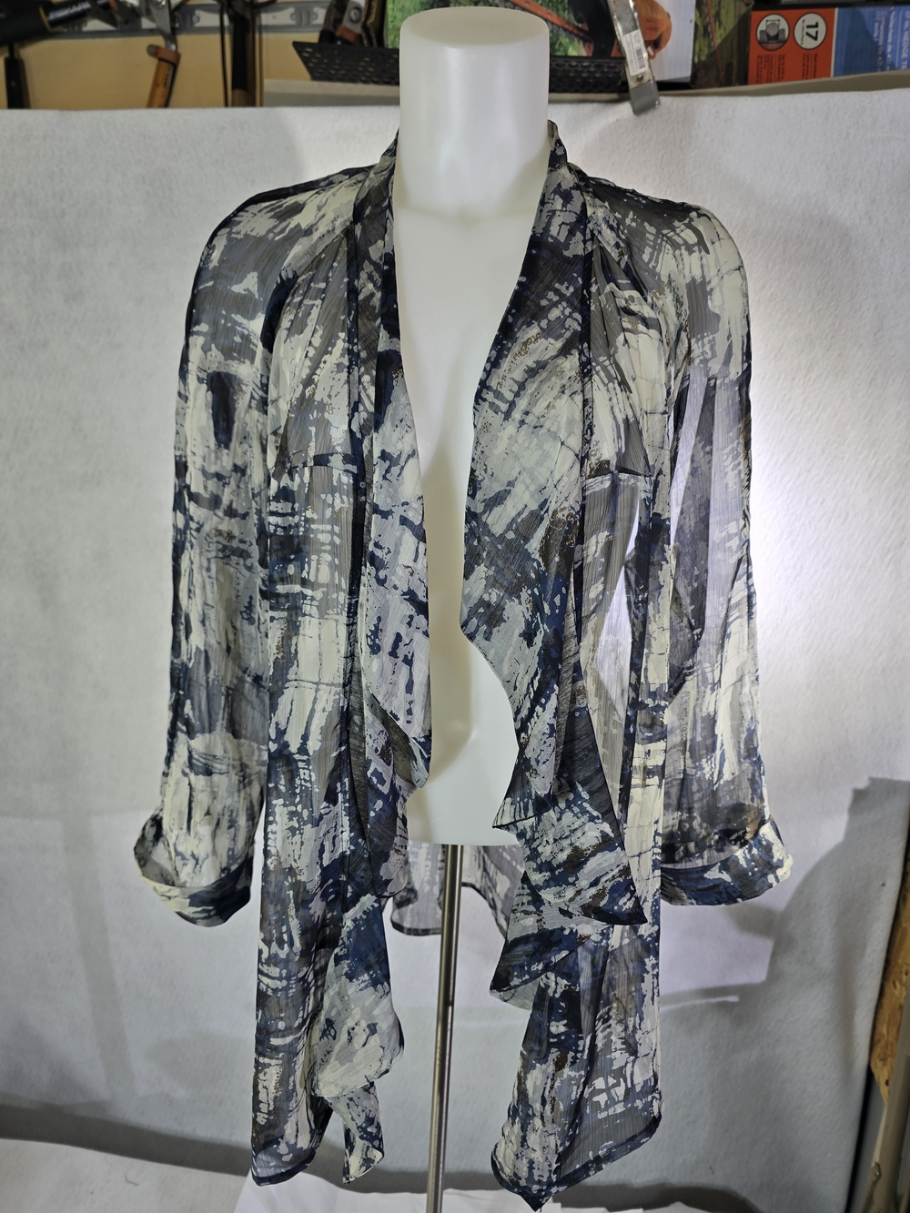 Sheer Abstract Print Open Cardigan - Navy & Cream Size L